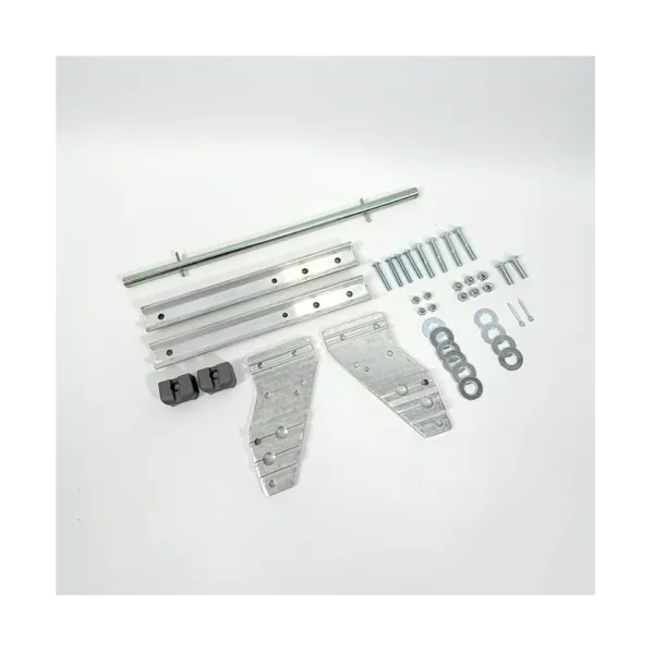 Metal hardware kit with rails, brackets, screws, washers and bolts laid out on a white background