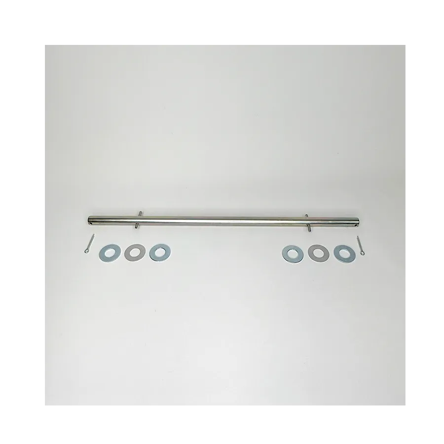 Long metal rod with small brackets and several washers and pins laid out on a white surface.