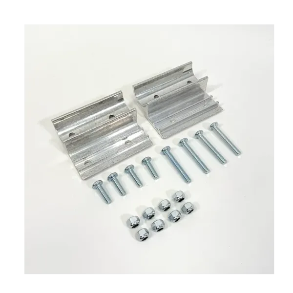 Metal mounting brackets with screws and hex nuts laid out on a white surface (hardware kit)