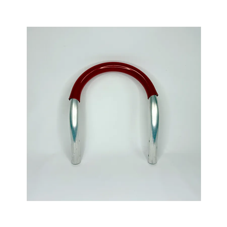 Metal handtruck handle with red grip.