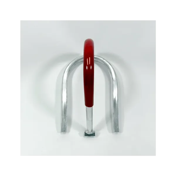U-shaped metal tool with a red plastic grip in the center on a white background.