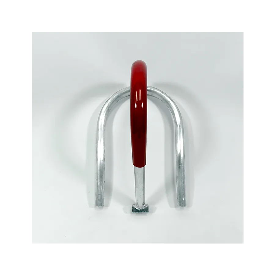 U-shaped metal tool with a red plastic grip in the center on a white background.