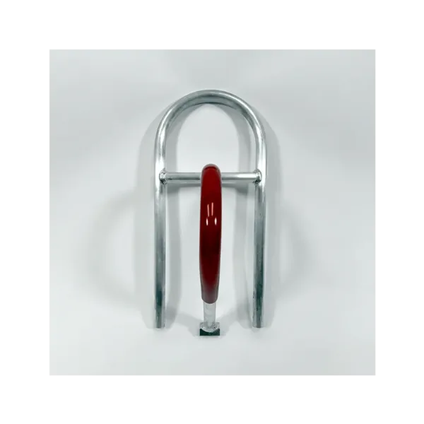 Chrome U-shaped handtruck handle with a central red vertical post/sleeve. Mounted on a white surface.