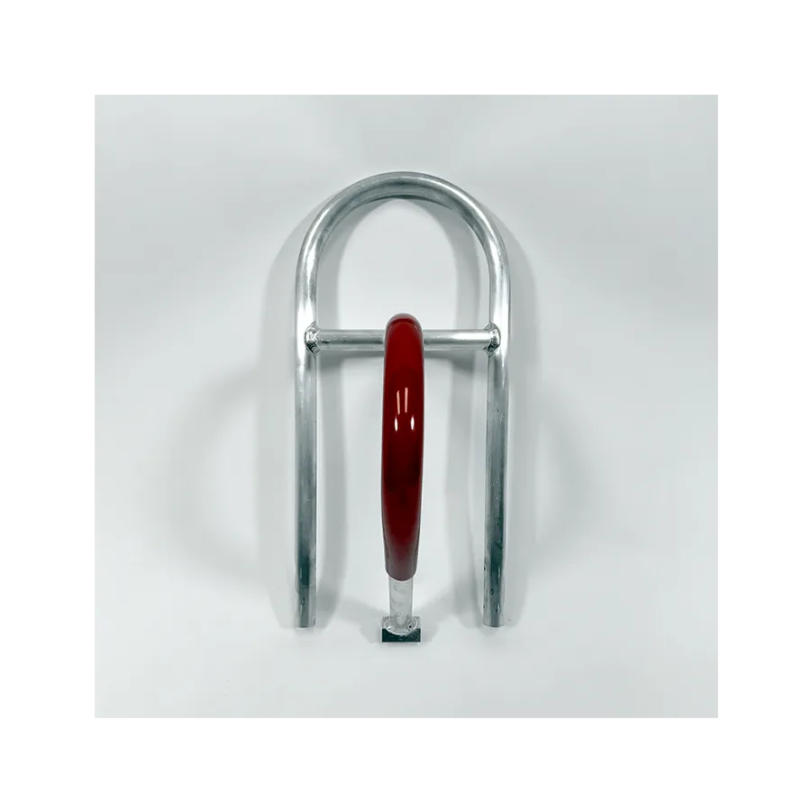 Chrome U-shaped handtruck handle with a central red vertical post/sleeve. Mounted on a white surface.
