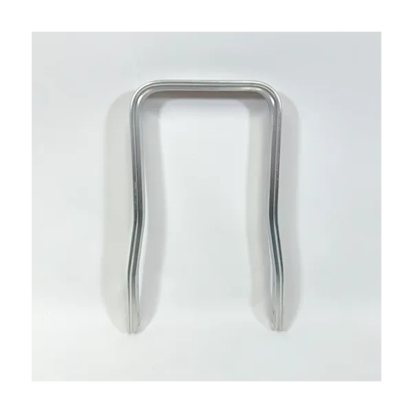Metal U-shaped metal clip with two parallel legs and a rounded top, viewed from the side.