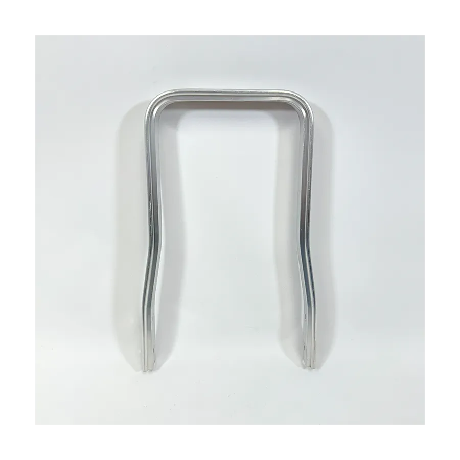 Metal U-shaped metal clip with two parallel legs and a rounded top, viewed from the side.