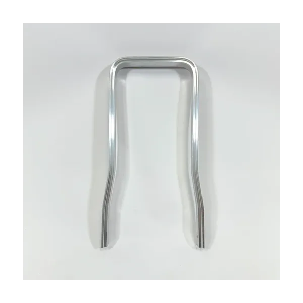 Chrome-plated U-shaped metal handle with rounded top and two parallel legs on a white background