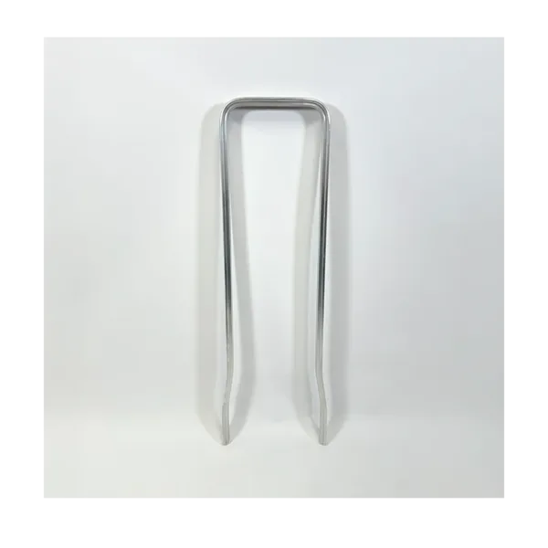 Polished metal U-shaped wire tool with two parallel legs and a rounded top, standing on a white background.