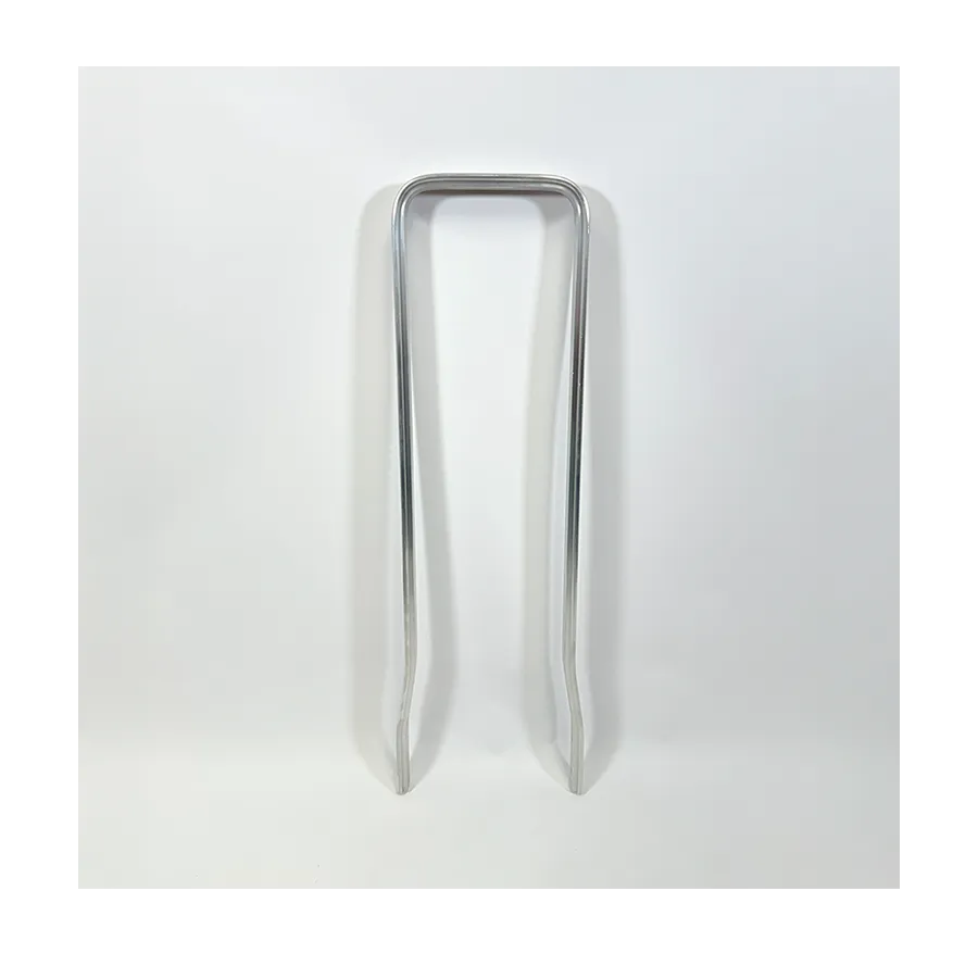 Polished metal U-shaped wire tool with two parallel legs and a rounded top, standing on a white background.