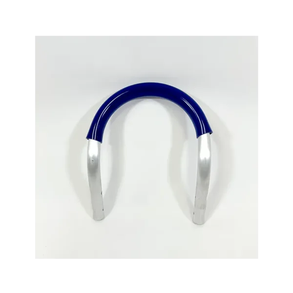 Blue U-shaped cart handle with silver ends on a white background, photographed from the front.
