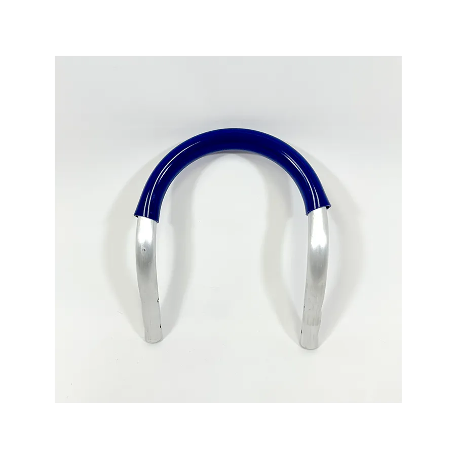 Blue U-shaped cart handle with silver ends on a white background, photographed from the front.
