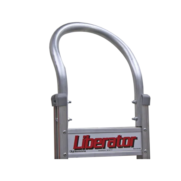 Aluminum ladder with a curved top guard rail and a 'Liberator' brand label at the bottom.