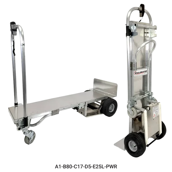 A1-B80-C17-D5-E25L-PWR | B&P Manufacturing Portable aluminum lifting platform with a tall vertical rail, wheeled base, and control area on the right side.