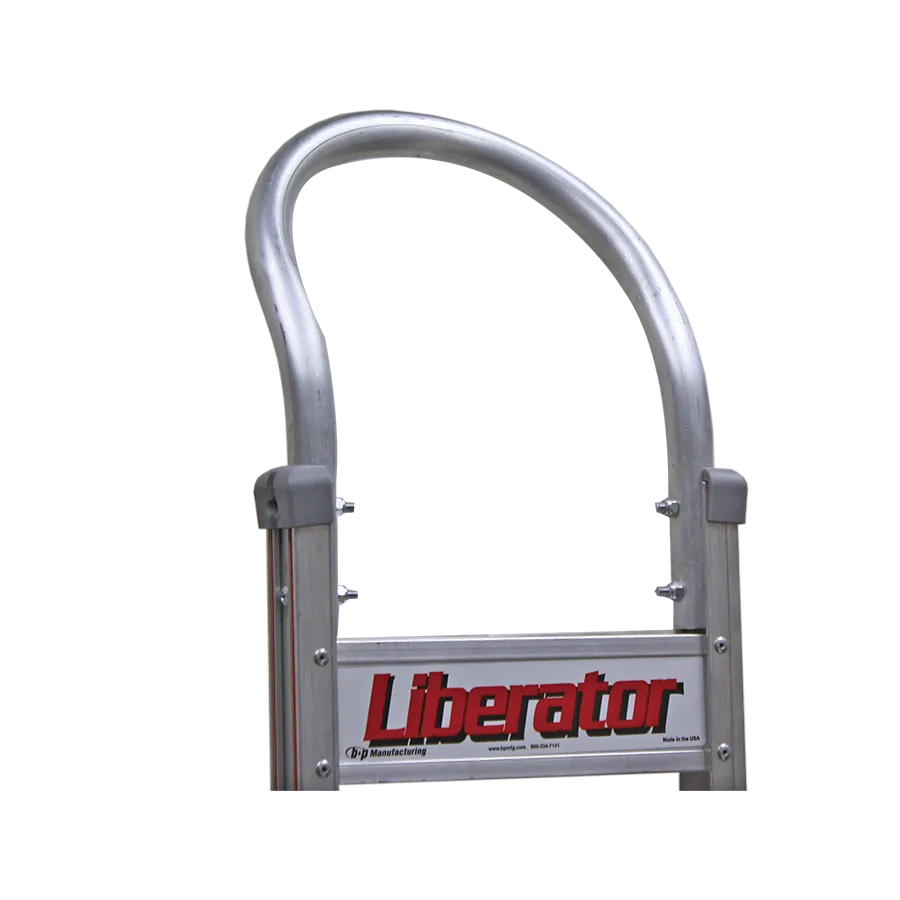 Aluminum ladder with a curved top guard rail and a 'Liberator' brand label at the bottom.