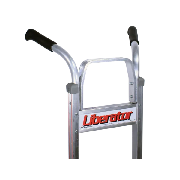 Metal two-wheeled hand truck (dolly) with black grips and a Liberator branding plate at the front.