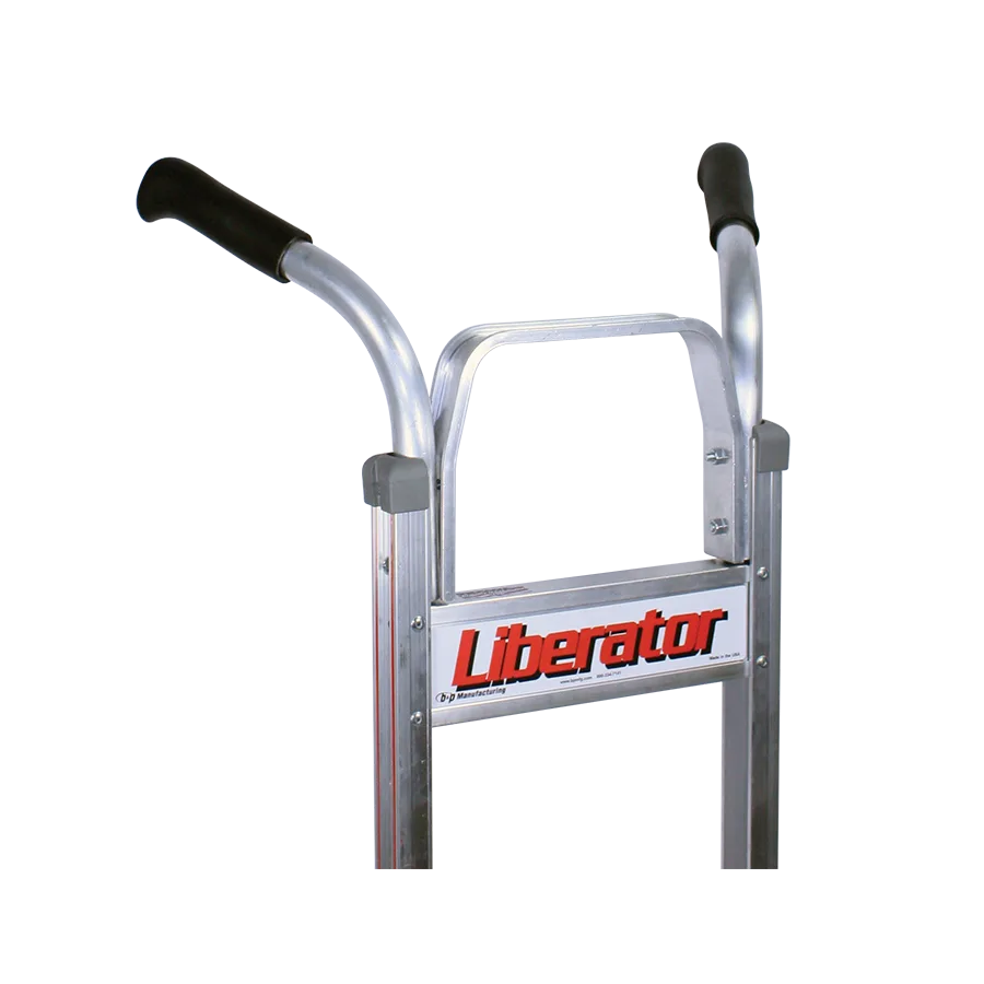 Metal two-wheeled hand truck (dolly) with black grips and a Liberator branding plate at the front.