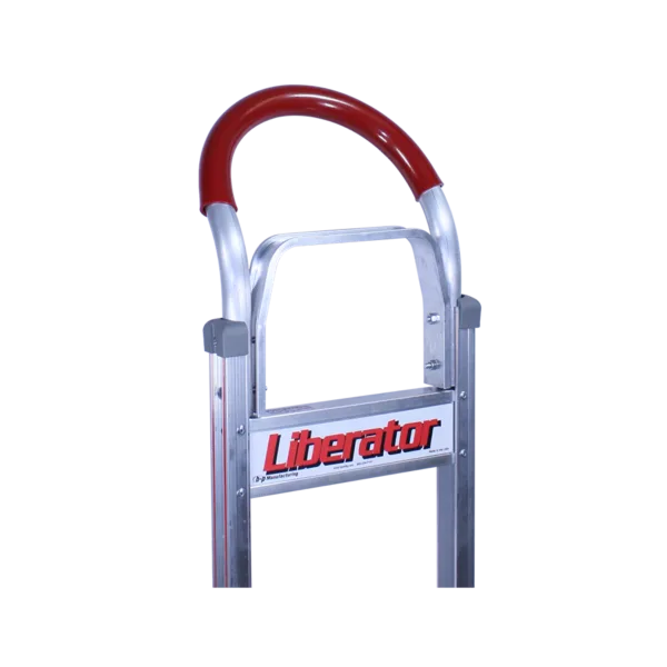 Aluminum ladder with a red curved top bar and a Liberator branding plate on the side.