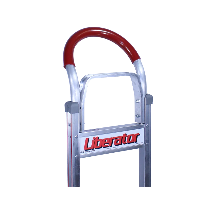 Aluminum ladder with a red curved top bar and a Liberator branding plate on the side.
