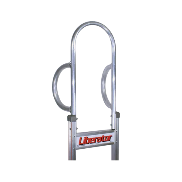 Aluminum ladder with a top safety cage and a label reading 'Liberator' on the lower rung area (industrial style).