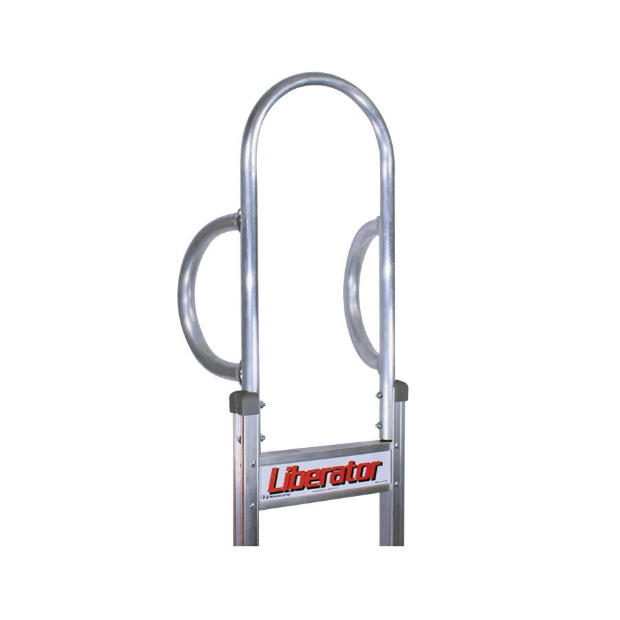 Aluminum ladder with a top safety cage and a label reading 'Liberator' on the lower rung area (industrial style).