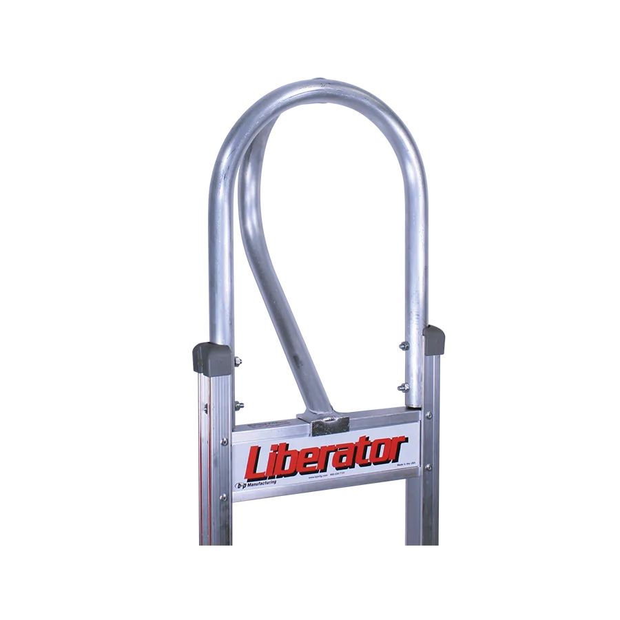 U-shaped security lock (U-lock) with a thick curved shackle and a 'Liberator' branding on the crossbar securing a metal frame