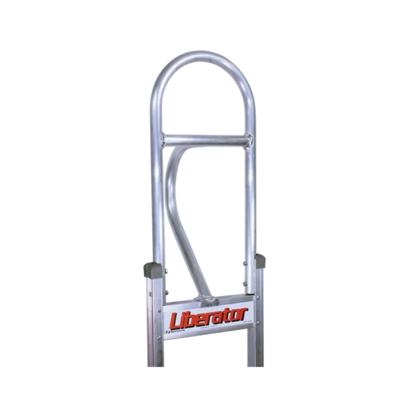 Aluminum ladder with a curved safety cage at the top and Liberator logo on the side.