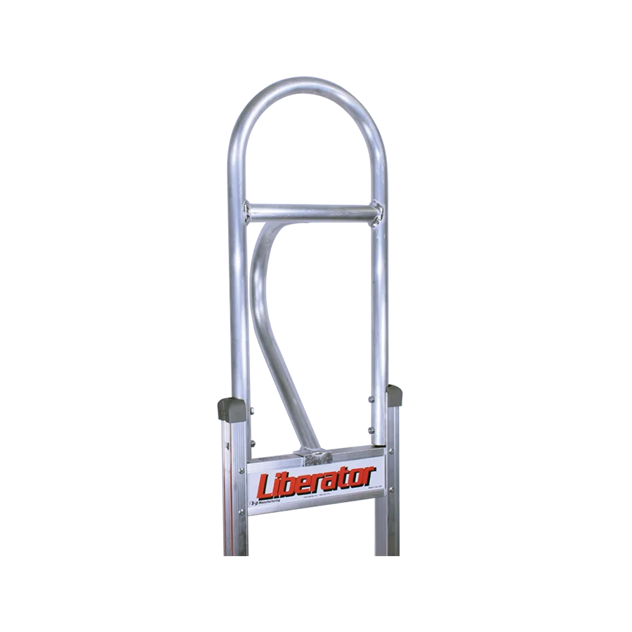 Aluminum ladder with a curved safety cage at the top and Liberator logo on the side.