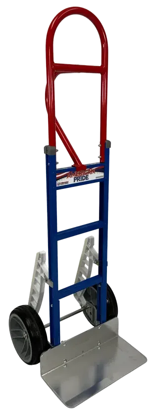 Two‑wheel hand truck/dolly with a red curved frame, blue body, and a metal loading plate; features a sticker reading 'American Pride'.