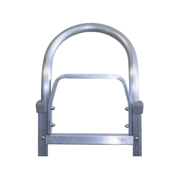 Galvanized metal arch-shaped gate with a rectangular bottom frame and bolted side supports.