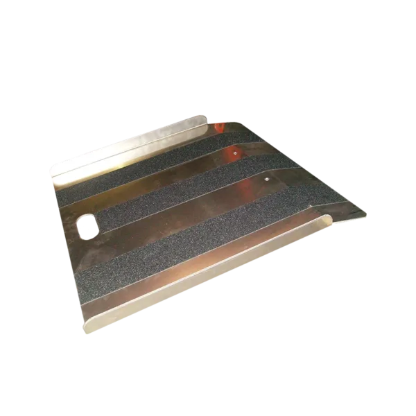 Metal foot pedal with black non-slip grip strips and a cutout handle hole on the side.